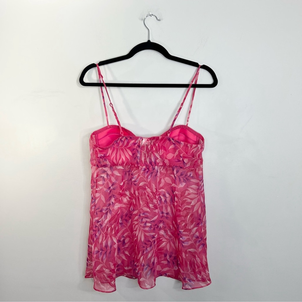Vintage 90s pink purple leaf print chiffon lace up bustier chemise nighty M - Picture 7 of 17